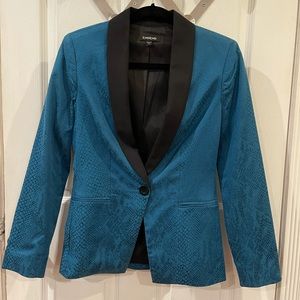 Bebe tuxedo jacket teal blue snake print
